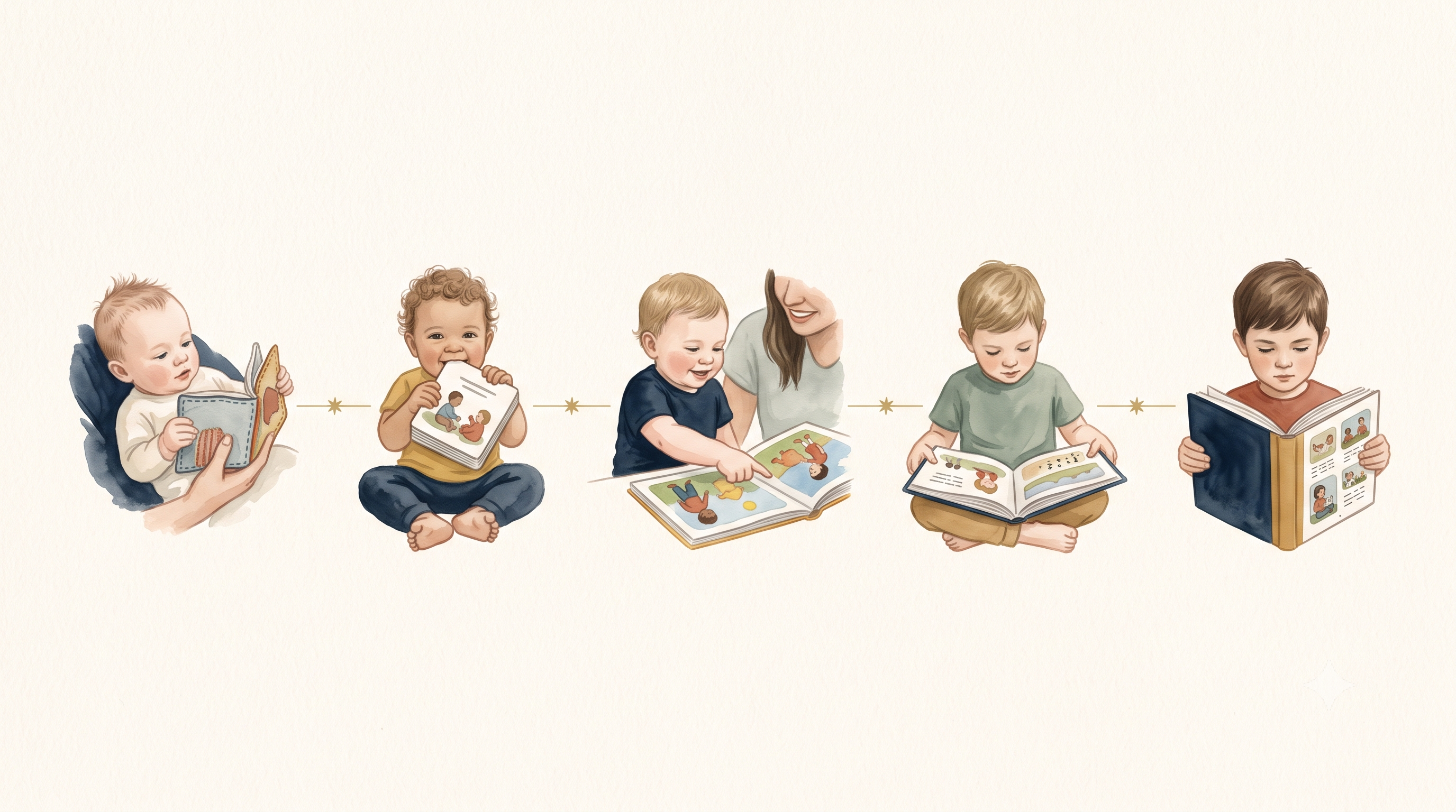 Watercolor guide showing a soft left-to-right progression of children from infant to early reader, each with an age-appropriate book, linked by a fine gold line.