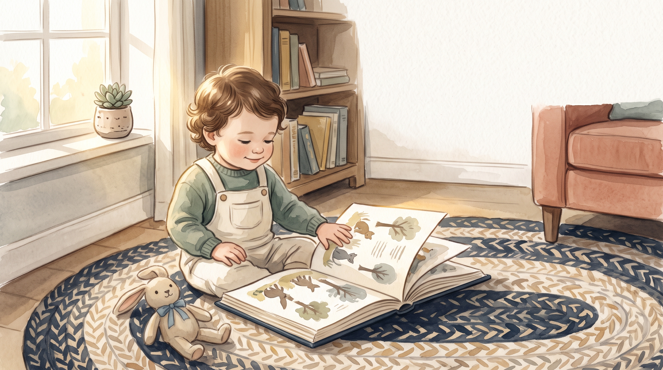 Watercolor illustration of a toddler happily turning the pages of a picture book on a rug in soft afternoon light, a small stuffed animal nearby.