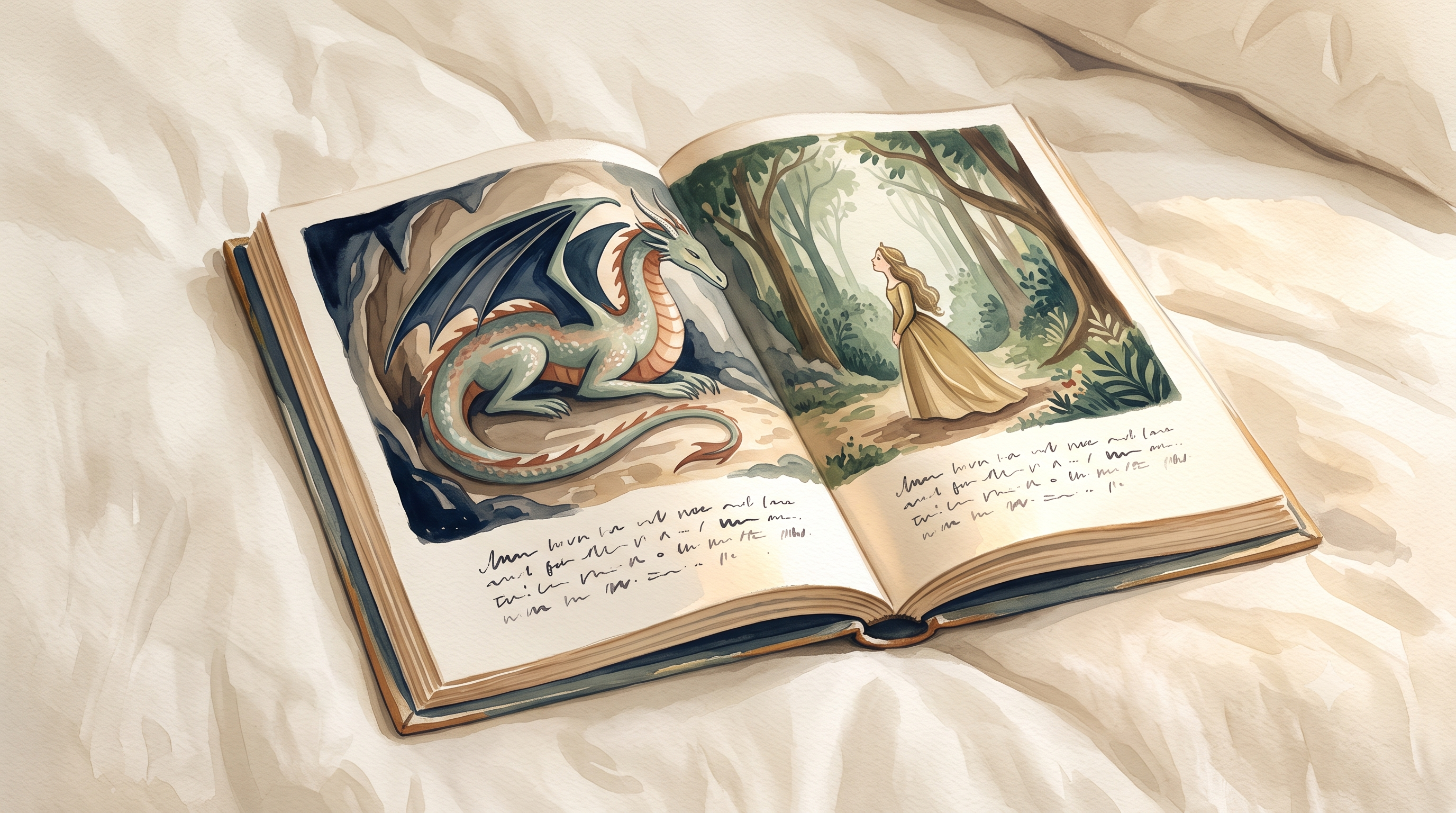 Watercolor still life of an open printed picture book resting in warm natural light on a cream surface.