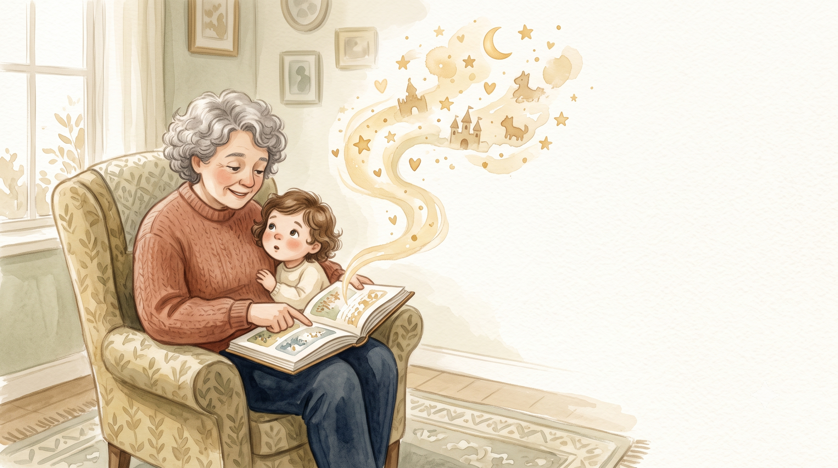 Watercolor illustration of an adult reading aloud to a small child, a soft ribbon of golden light and tiny stars rising from the open book.