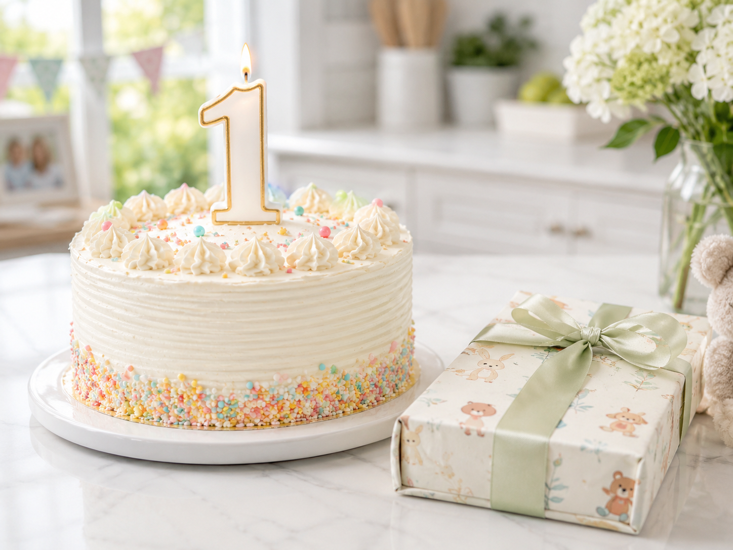 A printed keepsake picture book styled on a warm-cream table beside a small wrapped first-birthday gift, an heirloom gift meant to last.