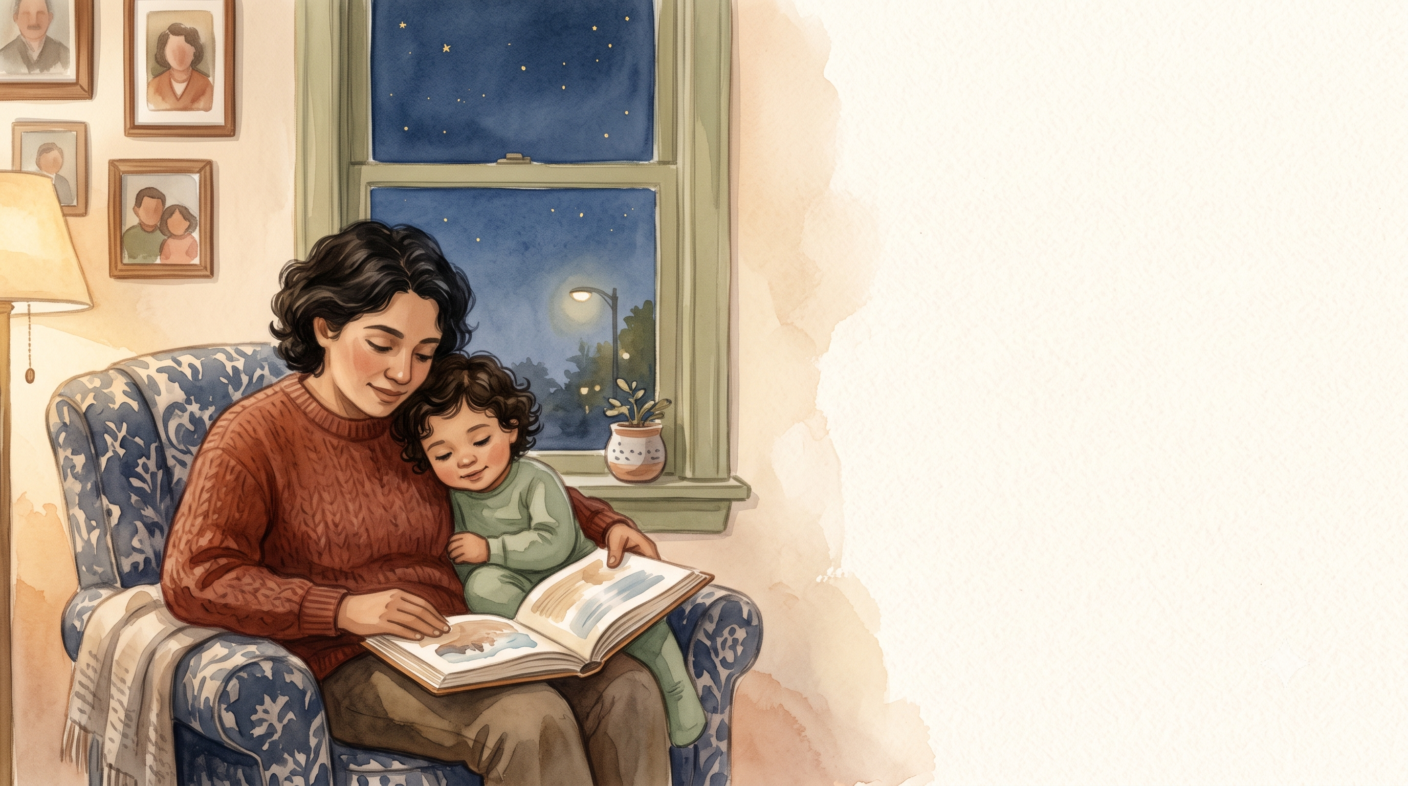Watercolor illustration of a parent and child of Latino heritage curled together in an armchair by a warm-lit window at dusk, sharing an open picture book.