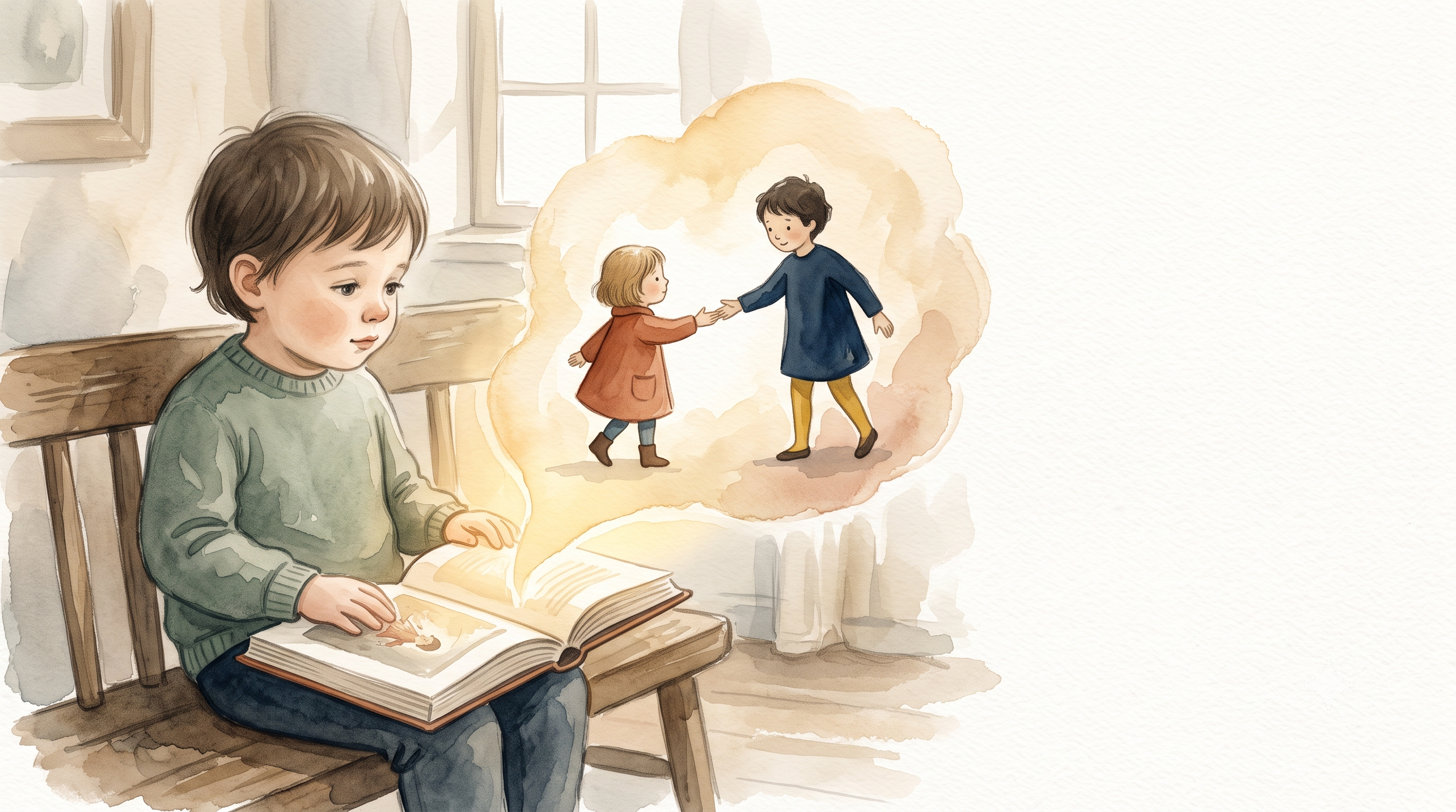Watercolor illustration of a child listening to a story, two little storybook characters reaching toward each other in a warm vignette rising from the open book.