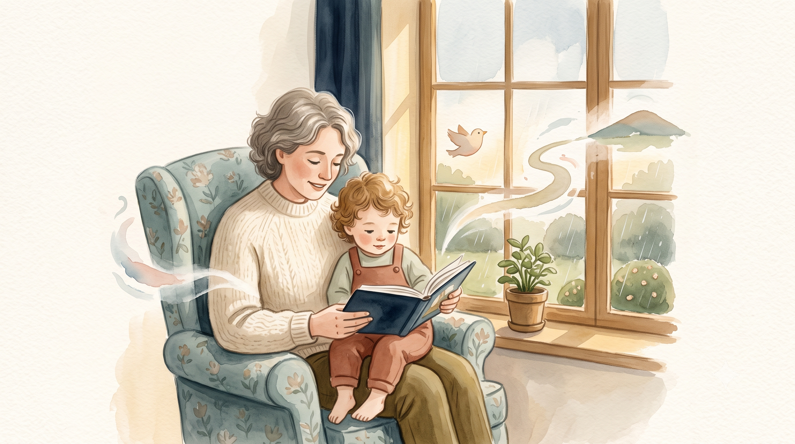 Watercolor illustration of a parent reading aloud to a young child nestled in their lap by a sunlit window, with soft story motifs drifting from the open picture book.