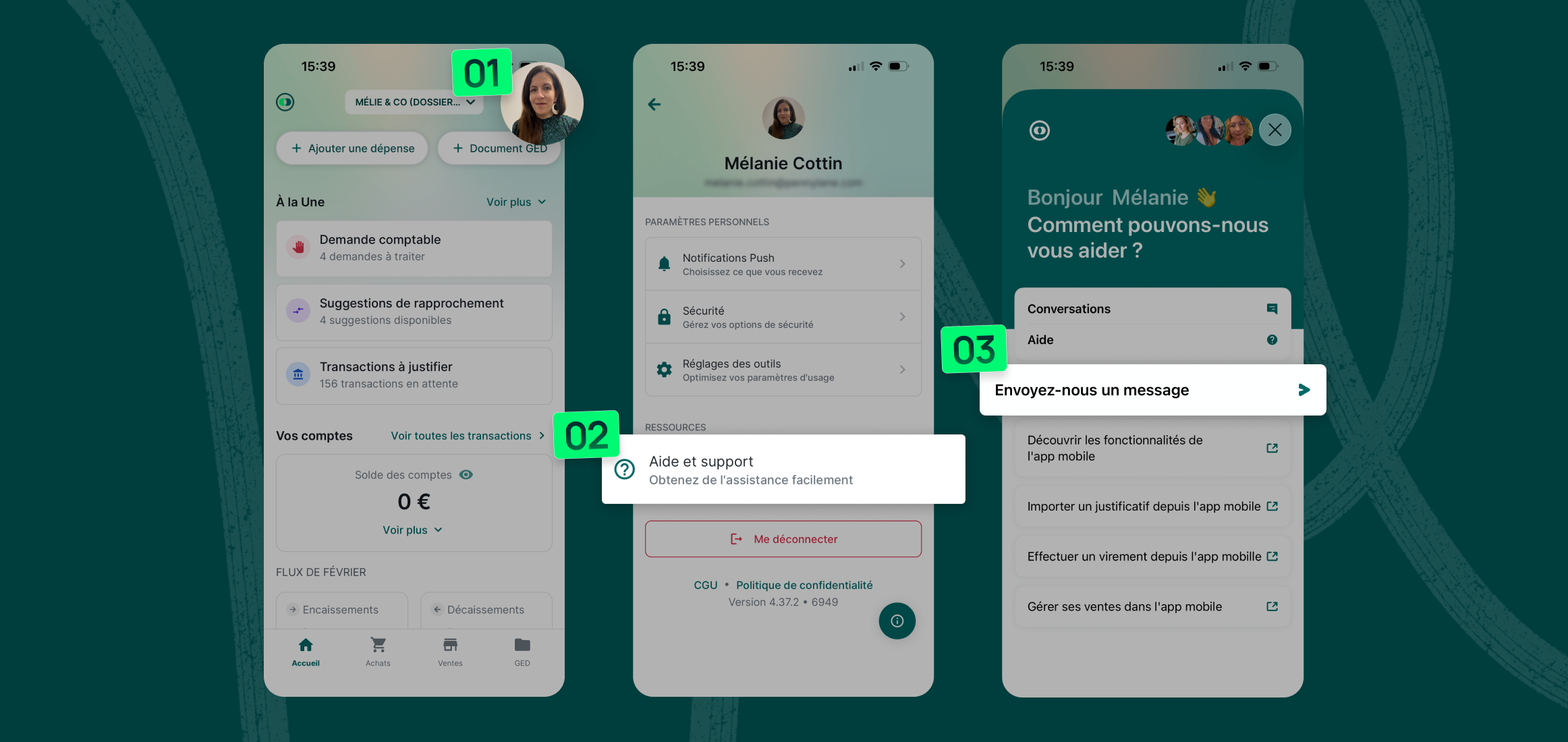 Étapes contact support Pennylane mobile
