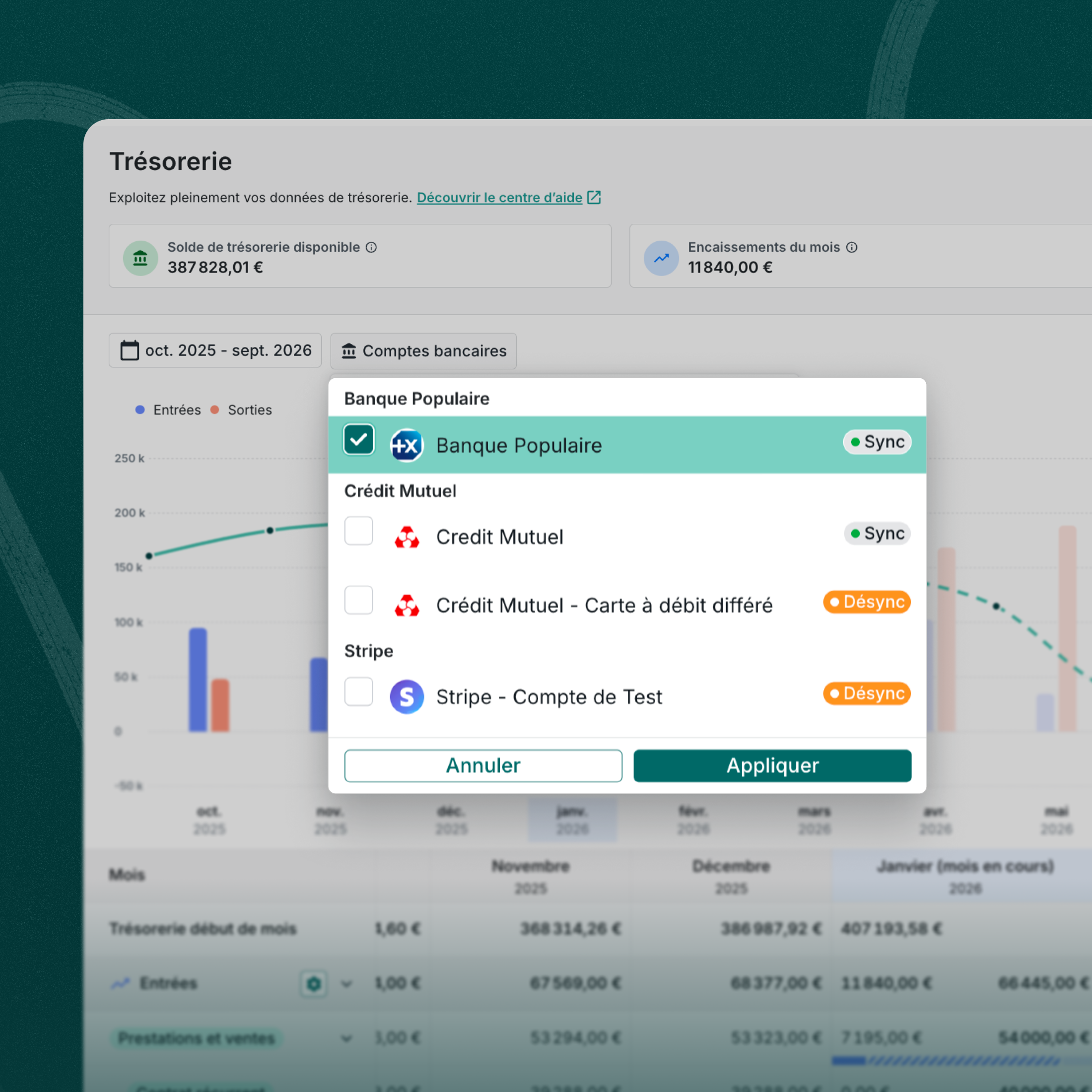 Module de trésorerie - Connexion banques