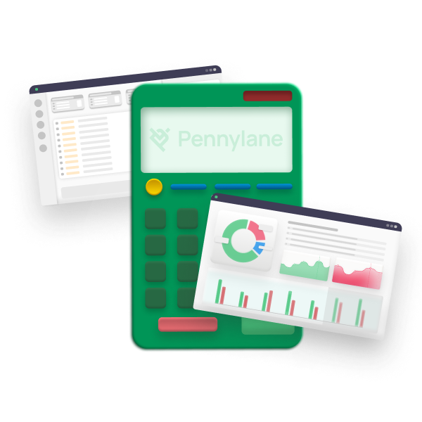 Illustration d'une calculatrice et d'une image de la plateforme Pennylane qui facilite la comptabilité des dirigeants de TPE/PME