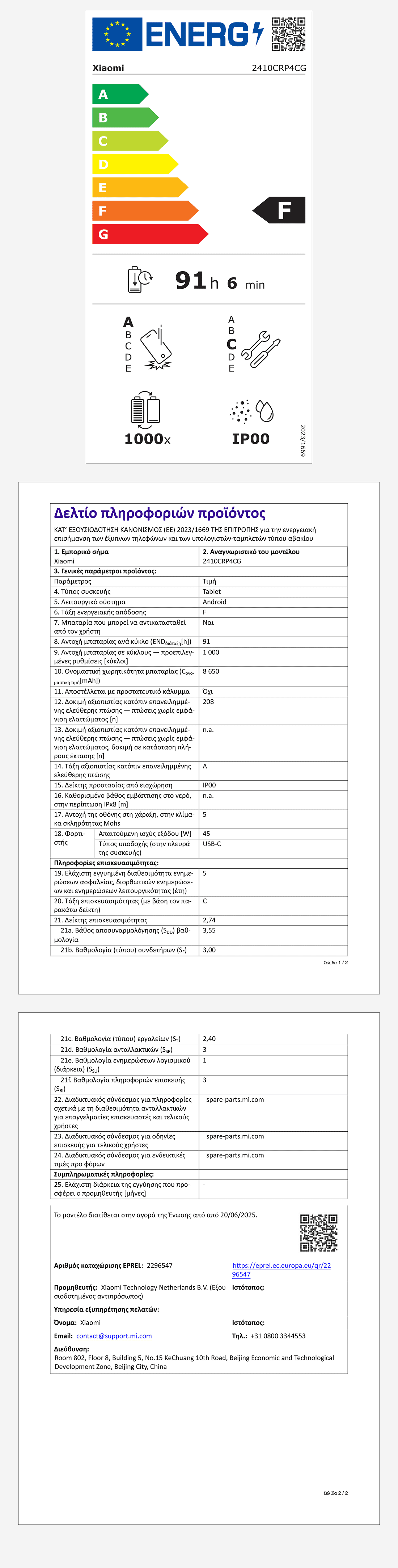 Energy Labels - Xiaomi Pad 7 128GB