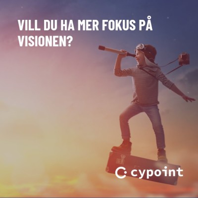 Ett barn svävandes i skyn med en kikare i handen. Text i bild: Vill du ha mer fokus på visionen?