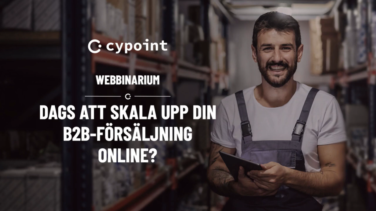 En man med en bok i handen. Text i bild: Webbinarium, dags att skala upp din B2B-försäljning online?