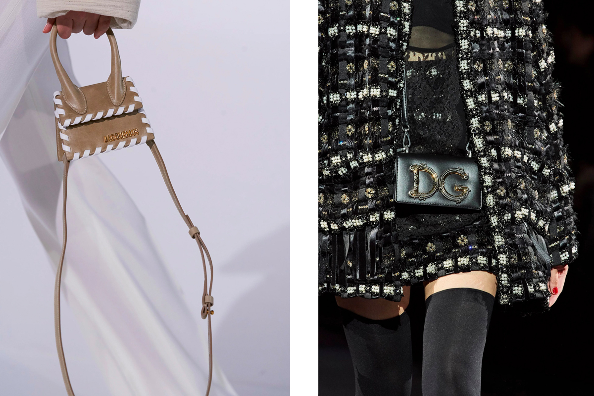 Các mẫu thiết kế túi micro từ Jacquemus và Dolce Gabbana trên sàn diễn thời trang. Ảnh: L'Officiel