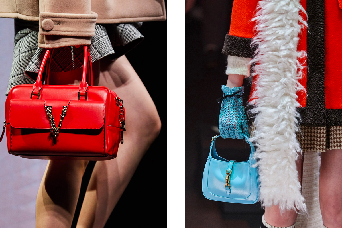 Sắc màu nổi bật của hai nhà mốt Versace và Gucci dành cho mẫu túi tay cầm trên. Ảnh: L'Officiel