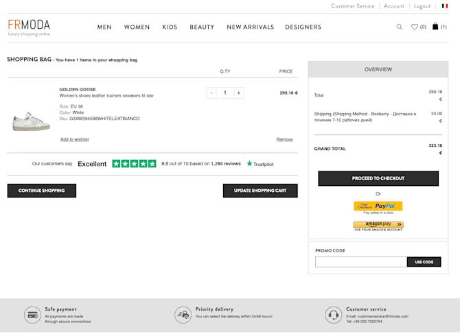 Esempio di TrustBox all'interno della pagina del checkout di FRMODA FRMODA - pagina del checkout