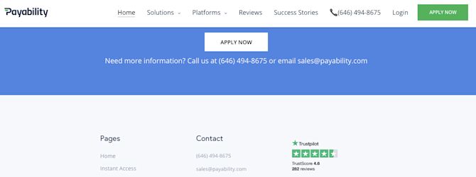 Payability's review section as a page of their website Payability's Reviews Page