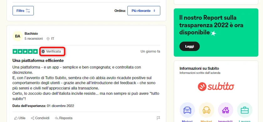 Example of verified review on Subito's profile on Trustpilot