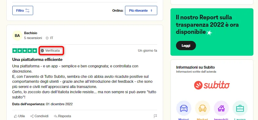 Una delle tante recensioni verificate sul profilo di Subito su Trustpilot