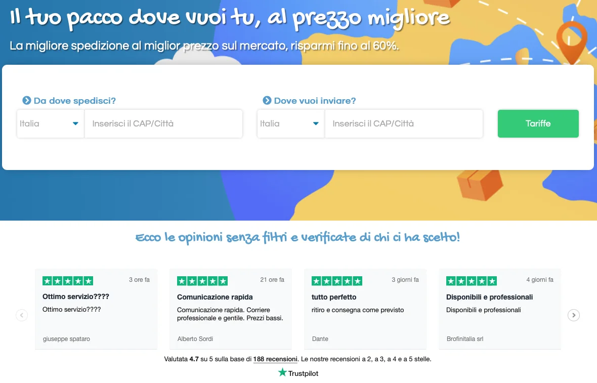 Esempio di widget TrustBox che mostra le recensioni direttamente sulla home page di Spediscimi.li 