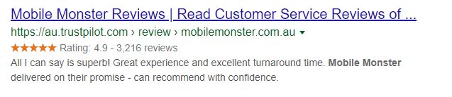 Mobile Monster’s Rich Snippets on their Trustpilot profile page Mobile Monster’s Rich Snippets on their Trustpilot profile page