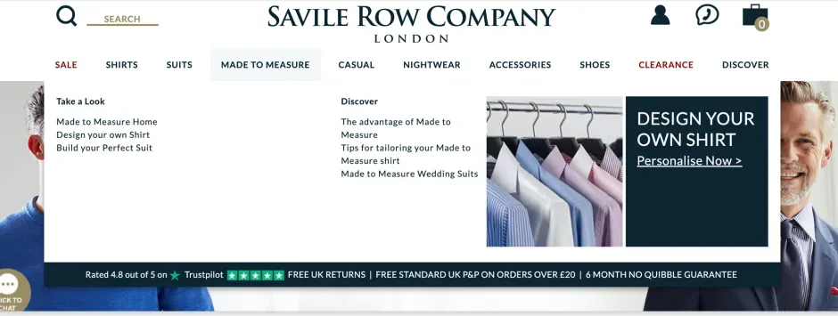 Die Website der Savile Row Company stellt ihre Trustpilot-Sternebewertung zur Schau. Unsere Umfrage ergab, dass Bewertungen zusammen mit der Mundpropaganda zu den vertrauenswürdigsten Informationsquellen zählen.