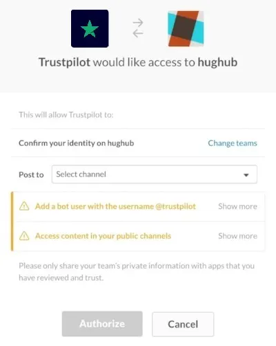 Screenshot vom Setup der Slack-App von Trustpilot