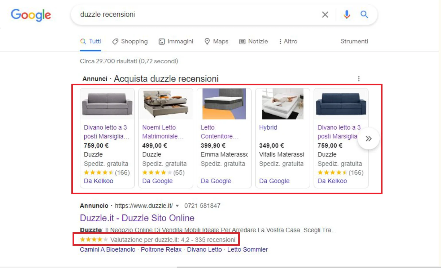 Le stelle delle recensioni di Duzzle su Trustpilot, nei risultati di ricerca su Google e Google Shopping