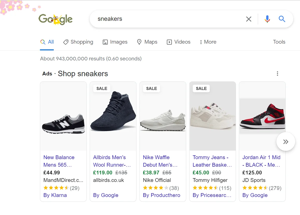 Example of search results