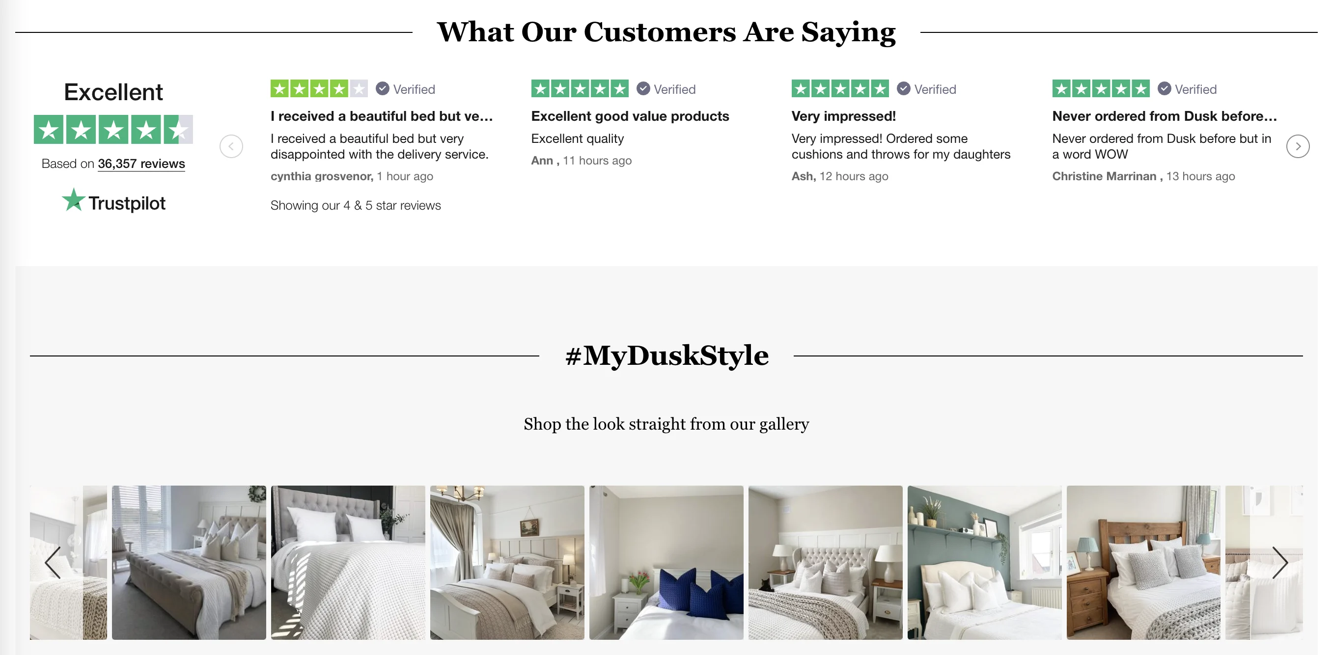 Dusk.com showcase Trustpilot reviews throughout their website
