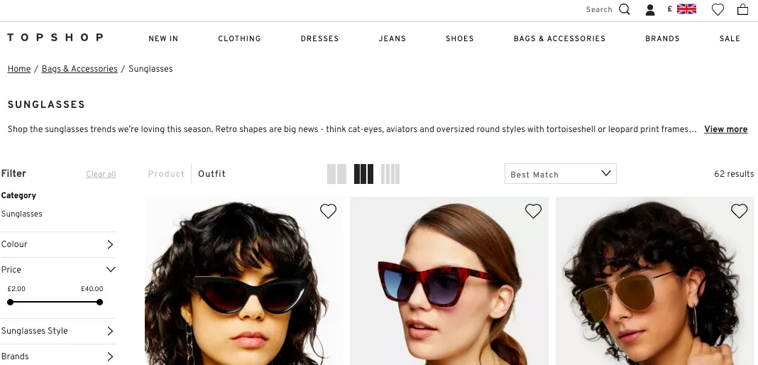 Topshop’s search bar (top right) allows you to find any product you want, faster