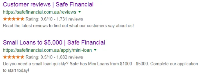 Safe Financial rich snippets
