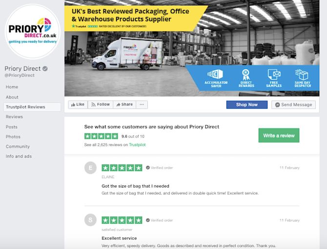 Priory direct Facebook Trustpilot integration Screenshot 2019-02-12 at 15.19.11