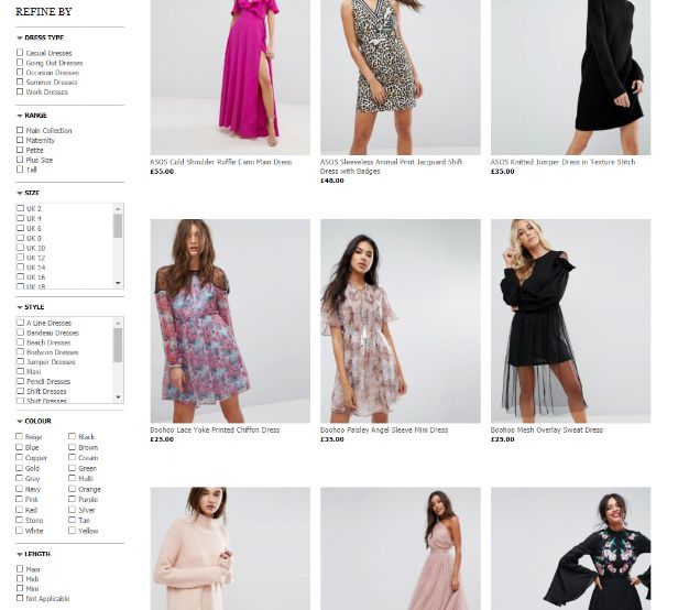ASOS screenshot of filters ASOS screenshot of filters