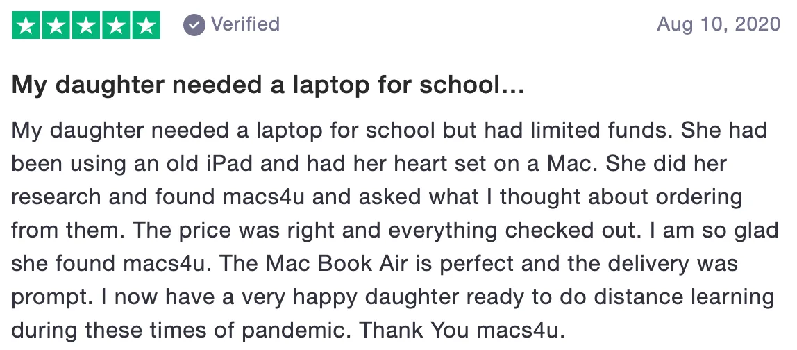 Review of macs4u.com: My daughter needed a laptop for school… (5 stars)
