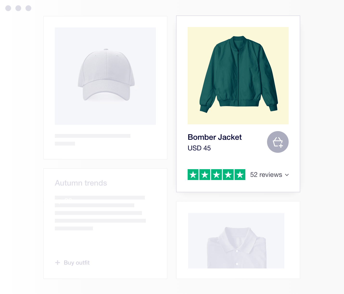 Product illustration of Trustpilot product reviews featuring a bomber jacket listed with price and Trustpilot rating/ stars