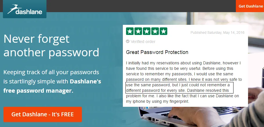 Dashlane, landing page, recensioni