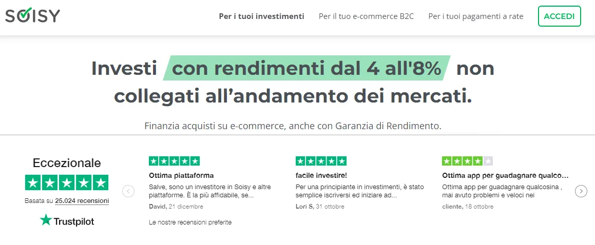 Il TrustBox mirato di Trustpilot sulla pagina del sito di Soisy dedicata agli investitori