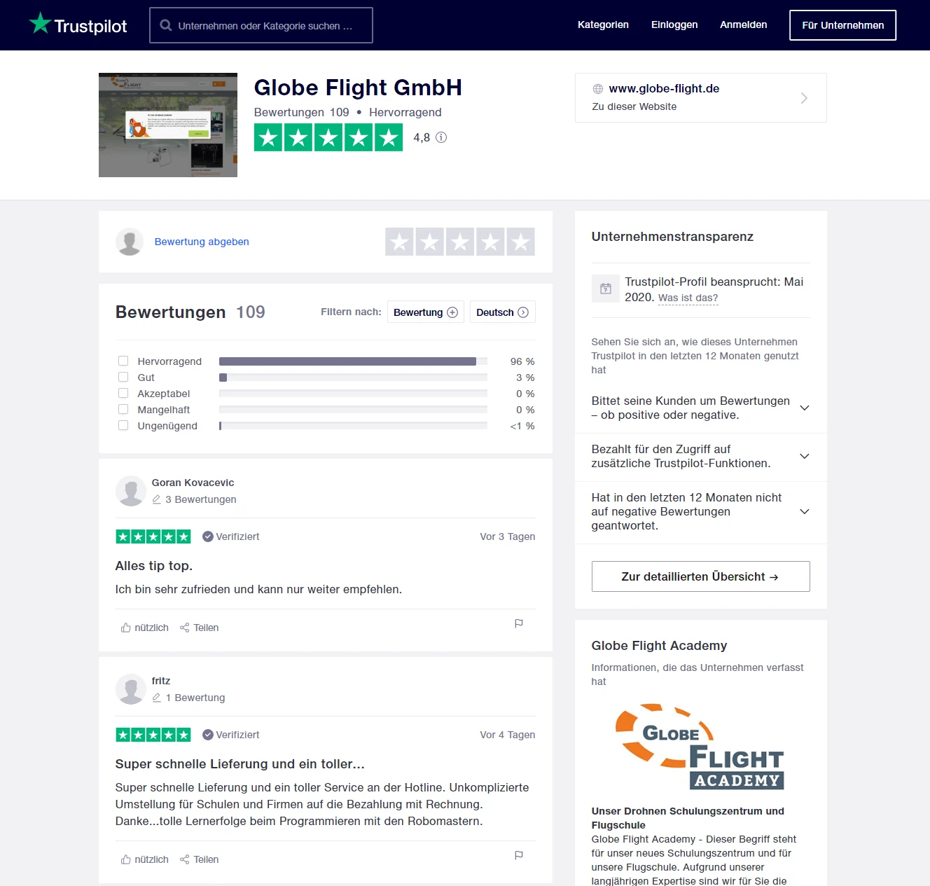 Trustpilot-Profil der Globe Flight GmbH