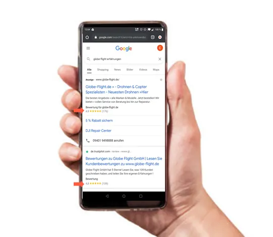 Vertrauensbildende Trustpilot-Sterne in der mobilen Suche