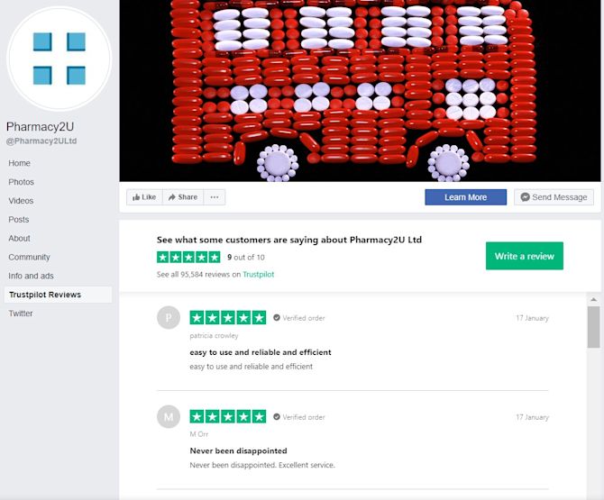 Pharmacy2U Facebook page showing Trustpilot reviews integration Pharmacy2U Trustpilot reviews Facebook integration
