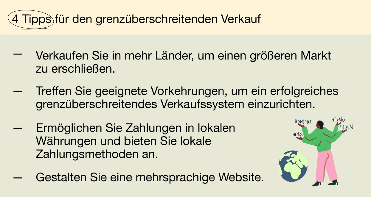 4 Tipps für den grenzüberschreitenden Verkauf: Verkaufen Sie in mehr Länder, um einen größeren Markt zu erschließen. Treffen Sie geeignete Vorkehrungen, um ein erfolgreiches grenzüberschreitendes Verkaufssystem einzurichten. Ermöglichen Sie Zahlungen in lokalen Währungen und bieten Sie lokale Zahlungsmethoden an. Gestalten Sie eine mehrsprachige Website.