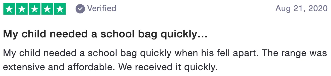 Review of Bags To Go: My child needed a school bag quickly when his fell apart. (5 stars)