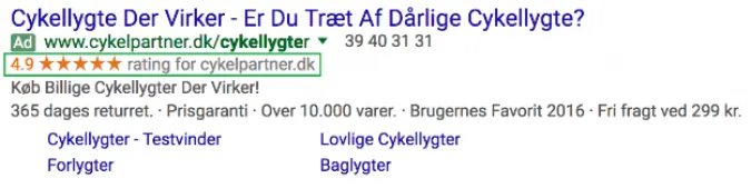 Pay-per-Click-Anzeige von Cykelpartner mit Verkäuferbewertung von Google