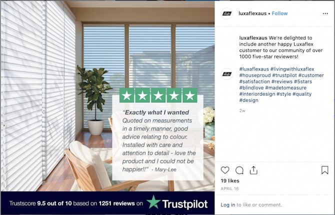 Luxaflex example of Trustpilot use on social media Luxaflex Uses Social Proof on Organic Social