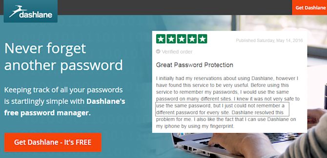 Dashlane customer testimonials on landing page