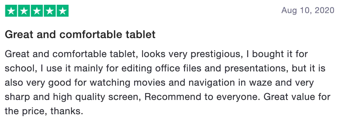 Service review of Thetablethub: Great and comfortable tablet (5 stars)