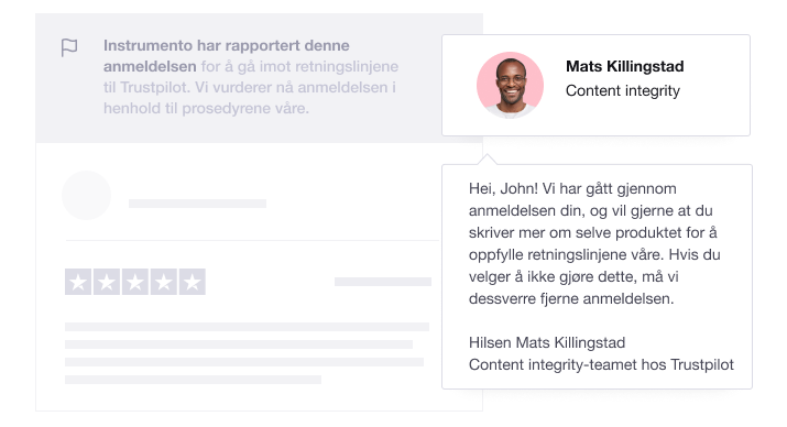 Illustration showing a Trustpilot Content Integrity Agent responding to a review being reported NO - Dedicated experts