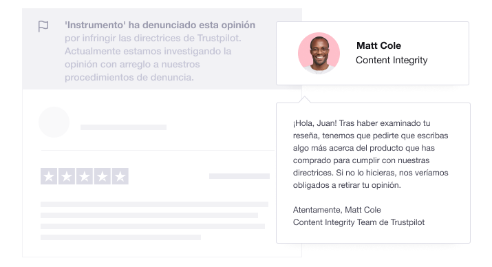 Illustration showing a Trustpilot Content Integrity Agent responding to a review being reported ES - Dedicated experts