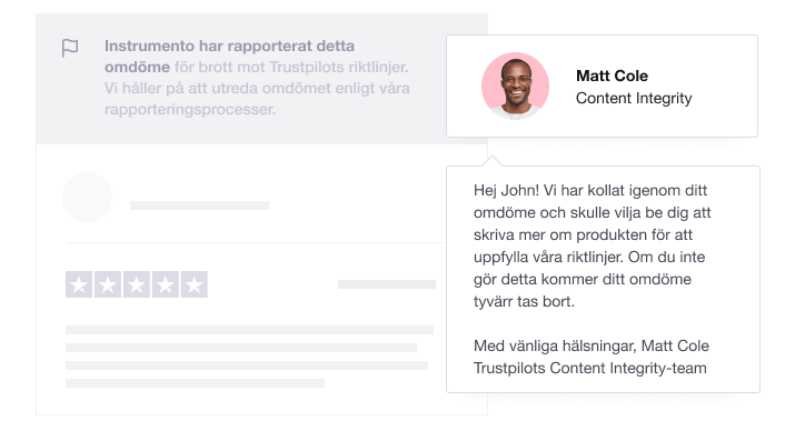 Illustration showing a Trustpilot Content Integrity Agent responding to a review being reported SE - Dedicated experts