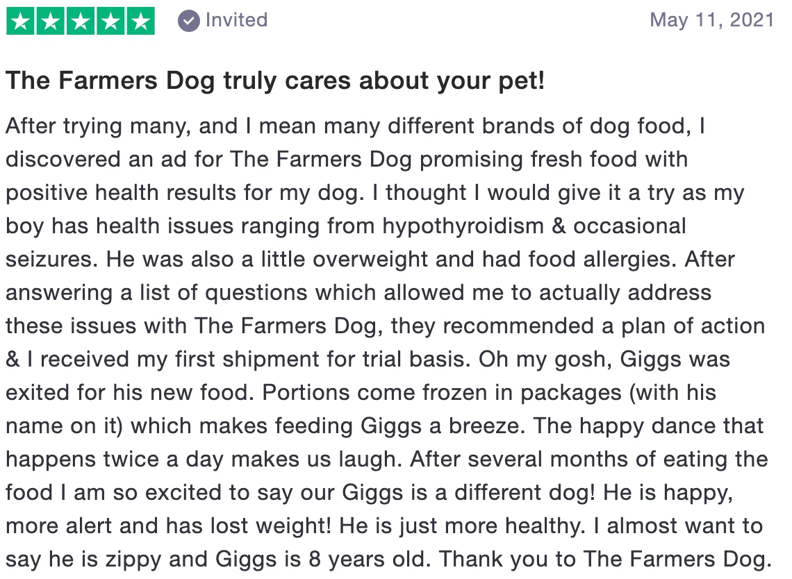 Review of The Farmer's Dog: The Farmers Dog truly cares about your pet! (5 stars)
