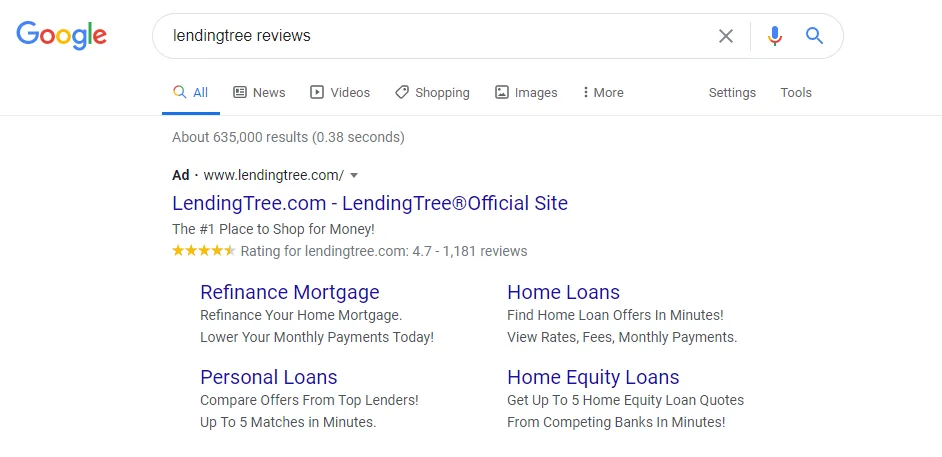 LendingTree earned Google Seller Ratings with Trustpilot