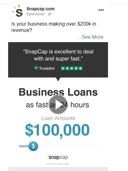 SnapCap by LendingTree uses Trustpilot social proof in Facebook ads